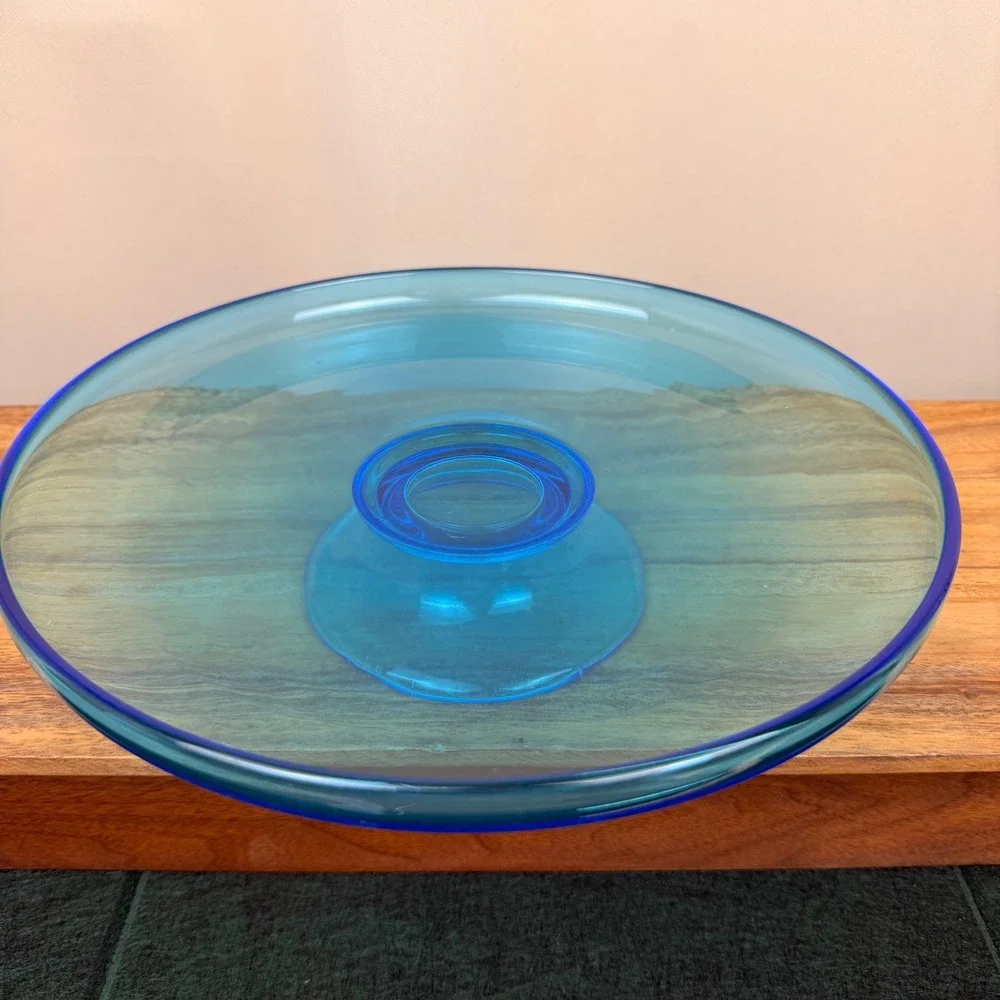 Vintage Aqua Blue Hand Blown Glass Cake Stand Pedestal Chip Dip Server 10 Inch